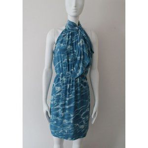 Akris Punto Water Print High Neck Silk Dress Blue White Size US 4